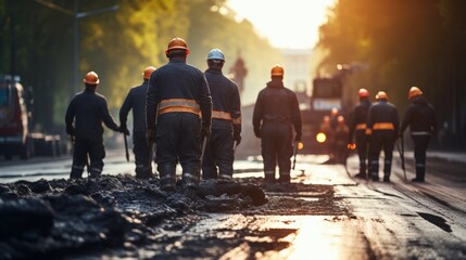 Collaborative team of construction workers laying hot asphalt on a road