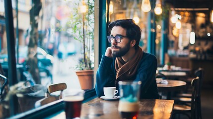 Man rest chin on hand in coffee shop look outside window coffee on table male Caucasian worrying unhappy emotionless - obrazy, fototapety, plakaty