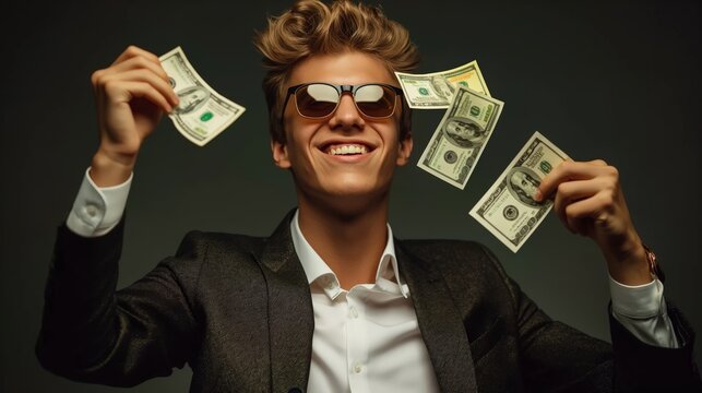 Young businessman with sunglasses holding dollar bills money and smile male Caucasian show off wealth simple color background