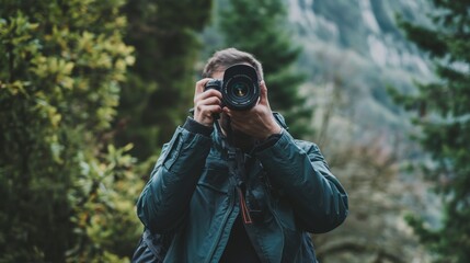 Man taking photo with digital camera in forest during day male Caucasian in jacket - Powered by Adobe