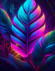 Neon tropical jungle foliage banner on digital art concept, Generative AI.