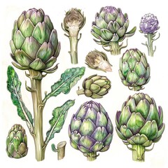 Obraz premium Detailed artwork depicting the stages of cooking with artichokes, from raw to roasted,