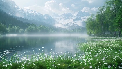 Naklejka premium Spring Thaw, Frozen landscapes transitioning to lush greenery as winter gives way to spring, symbolizing renewal and growth