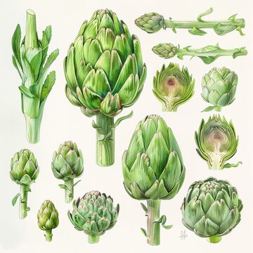 Detailed artwork depicting the stages of cooking with artichokes, from raw to roasted,