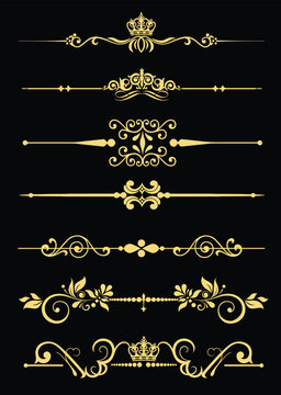 Art deco dividers and decorative golden headers. Victorian book and interior ornament. Vector flat style cartoon art deco illustration on black background