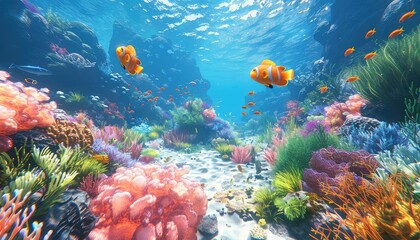 Coral Reef Exploration, Vibrant coral formations and marine life in a pristine underwater ecosystem, inspiring awe and conservation awareness
