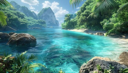 Lagoon Paradise, Crystal-clear lagoon surrounded by white sandy beaches and lush vegetation, epitomizing tropical paradise - obrazy, fototapety, plakaty