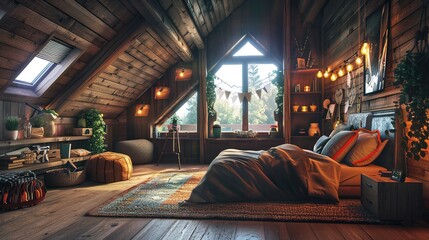  a dreamy attic bedroom with sloped ceilings, soft lighting, and a cozy reading nook