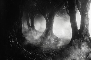 Dark forests where the bark of trees is inscribed with the history of magic - obrazy, fototapety, plakaty