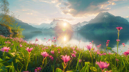 Beautiful panoramic view around mountain Lake, flowers in spring day. Rest at nature