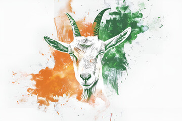 watercolour Painting of a goat with horns and a colorful paint splatter for eid ul adha . Watercolor Painting of a Festive Eid Ul Adha Goat - obrazy, fototapety, plakaty