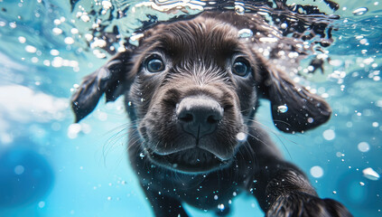 Adorable Cute Black Labrador Puppy Dog Swimming Underwater - obrazy, fototapety, plakaty