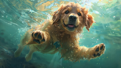 Adorable Cute Golden Retriever Puppy Dog Swimming Underwater - obrazy, fototapety, plakaty
