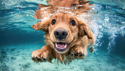 Adorable Cute Golden Retriever Puppy Dog Swimming Underwater - obrazy, fototapety, plakaty
