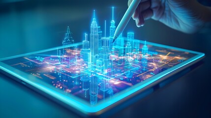 Futuristic Tablet Showcasing Visionary Cityscape with Glowing Holographic Design on Sleek Digital Display