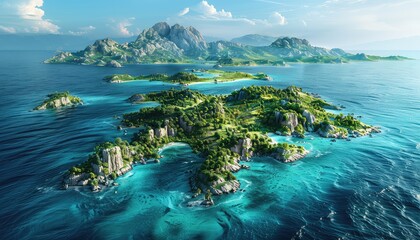 Island Archipelago, Aerial view of a chain of tropical islands surrounded by turquoise waters, inviting viewers to explore and escape - Powered by Adobe