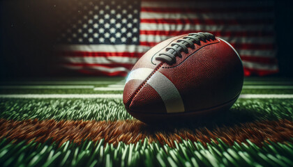 An American football on a textured, green grass field with a blurred American flag in the background, in a cinematic