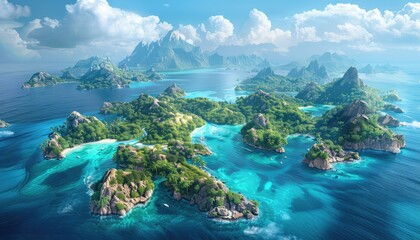 Island Archipelago, Aerial view of a chain of tropical islands surrounded by turquoise waters, inviting viewers to explore and escape