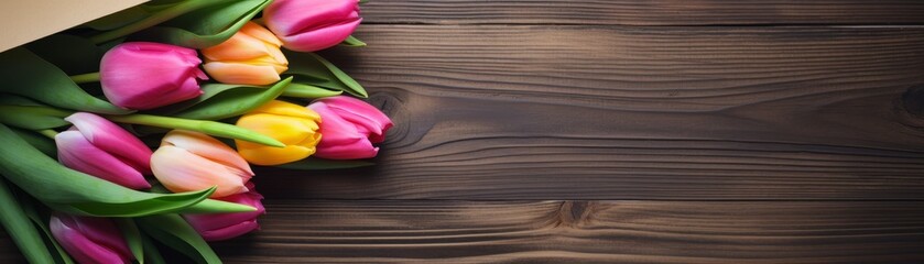 Mixed tulips wrapped in brown paper on rustic wooden background
