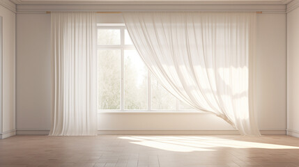 white curtains in empty room with backlit window