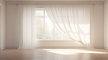 Fototapeta premium white curtains in empty room with backlit window