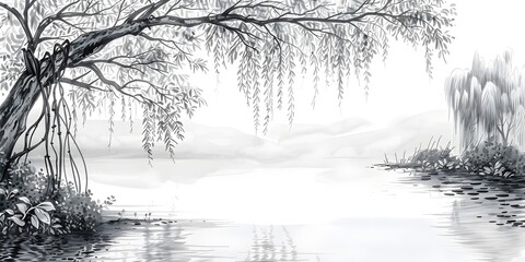 Weeping Willow Tree Branches Trailing Into Tranquil Pond Reflecting the Moody Atmospheric Landscape - obrazy, fototapety, plakaty