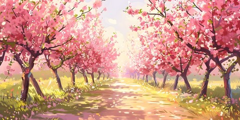 Rows of Blooming Fruit Trees Promising a Bountiful Harvest in a Lush Spring Orchard Landscape