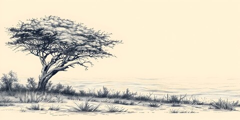 Sparse Acacia Tree Offering Shade in the Vast Savannah Landscape - obrazy, fototapety, plakaty