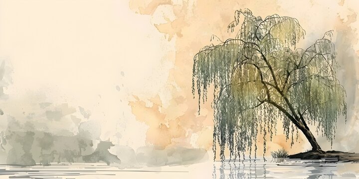 Weeping Willow Tree Beside a Tranquil Pond with Sorrowful Trailing Branches and Copy Space for Melancholic or Dreamy