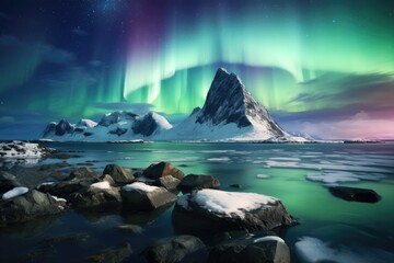 Naklejka premium A scene of the Northern Lights over a mountain landscape, AI-generated