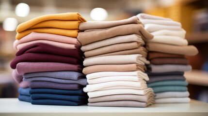 Colorful stacks of clean cotton fabric in a dry cleaning workshop 