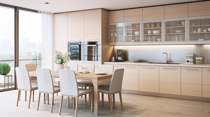 bright modern kitchen room interior with cupboard