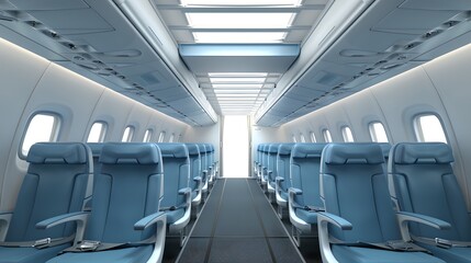 Empty airplane interior with rows of blue seats. Clean and modern aircraft cabin. Travel and transport concept. Ideal for business or leisure trips. AI