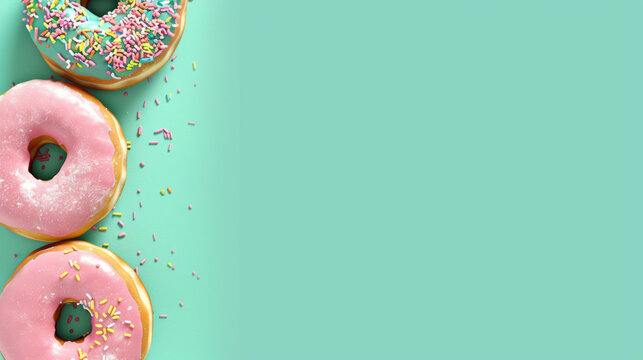 This is an appetizing image showing an array of pink iced donuts with bright colorful sprinkles on a turquoise background