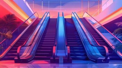 Escalator Rides Through a Vibrant Neon Lit Mall Futuristic D of a Dynamic Colorful Transition Between Floors