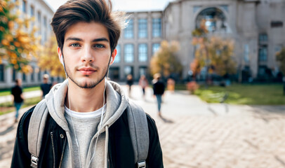 Joven estudiante en campus universitario. Estudiante con audífonos en universidad - obrazy, fototapety, plakaty