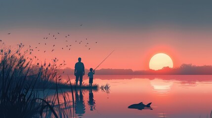 Father and Child Fishing at Serene Sunset Lake Sharing a Tranquil Bonding Moment in Nature