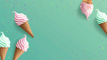 Assorted pastel colored ice cream cones with scattered sprinkles over a vibrant teal background...