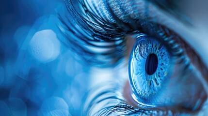 Digital composite of Close up of eye with blurry blue transition Female eye close up with blurred background. panoramic web banner - obrazy, fototapety, plakaty