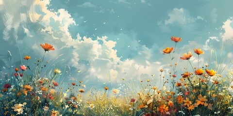 Vibrant Meadow of Swaying Wildflowers in Nature s Spontaneous Tapestry Peaceful Floral Landscape with Clouded Sky Backdrop - obrazy, fototapety, plakaty