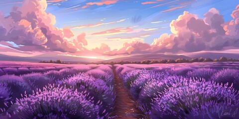 Lavender Fields Stretching to the Horizon Serene Vista of Color and Calming Fragrance
