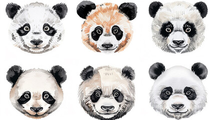 Obraz premium Cute set portraits of charectors of panda in watercolour cartoon style.Isolated on white background.