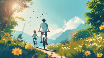 Father and Child Cycling on Scenic Outdoor Trail