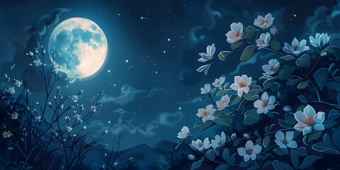 Moonlit Night Blossoms A Captivating Hand Drawn of Fragrant Jasmine Flowers Blooming under the Luminous Glow of a Starry Sky