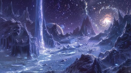 Crystal Cascade over Lunar Lantern valleys - obrazy, fototapety, plakaty