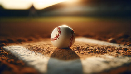A pristine baseball resting on the dusty pitcher's mound just touching the white chalk of the baseball diamond's boundary. The focus is on the ball - obrazy, fototapety, plakaty