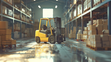 Industrial forklift loader handling pallets in a warehouse, showcasing efficiency in logistics and storage management. - obrazy, fototapety, plakaty