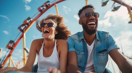 Fototapeta na wymiar fun entertainment in an amusement park for people who want to throw out their emotions. happy cheerful black couple laughs and screams on the rides