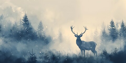Majestic Stag Standing Alert in Misty Forest Antlers Crowned in Morning Light