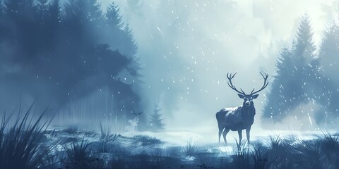 Majestic Stag Standing Tall in Misty Forest Crown of Antlers Amid Serene Landscape